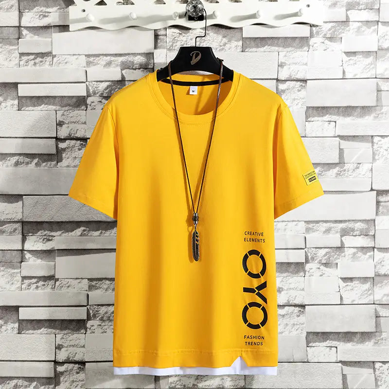 Men's Summer Cotton T-Shirt – Loose Fit Yellow & White Casual Tee