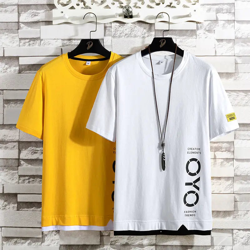 Men's Summer Cotton T-Shirt – Loose Fit Yellow & White Casual Tee