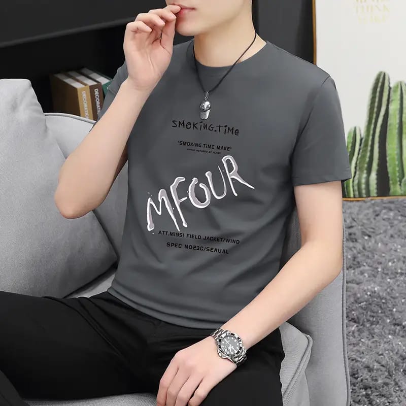 Men's Grey Printed Round Neck T-Shirt | Casual Cotton Tee