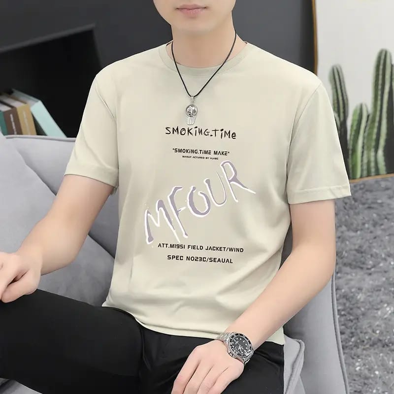 Men's Grey Printed Round Neck T-Shirt | Casual Cotton Tee