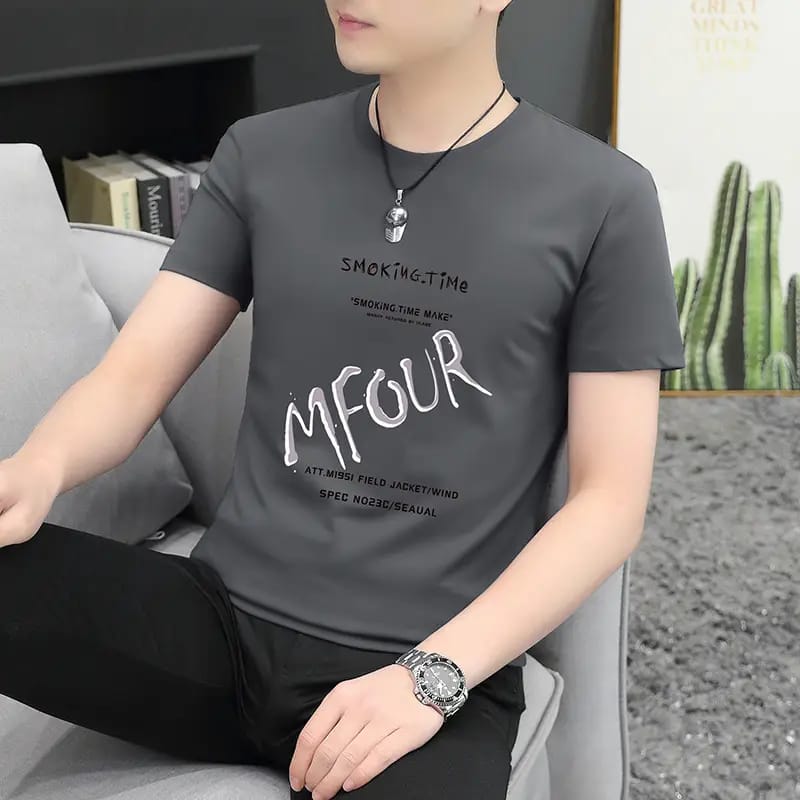 Men's Grey Printed Round Neck T-Shirt | Casual Cotton Tee
